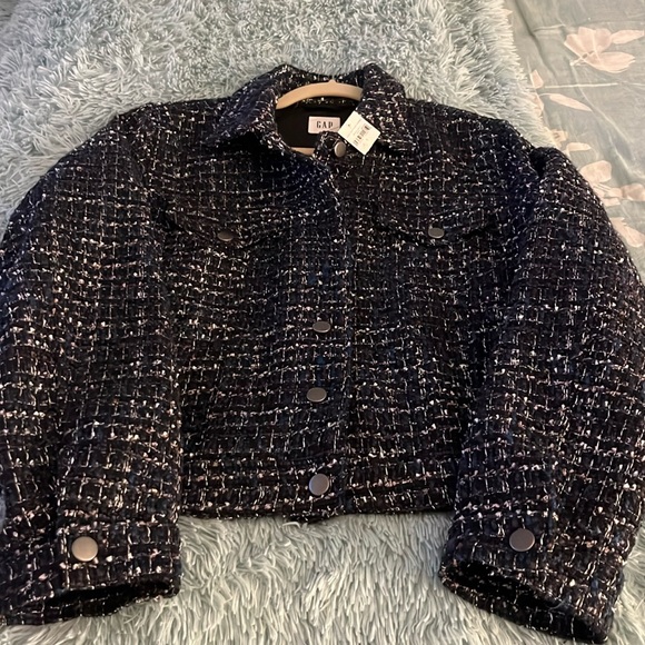 STUNNING NWT GAP ICONIC TWEED JACKET BLUE/ BLACK/ WHITE/ SILVER SIZE L FREE 🎁 - Picture 5 of 11